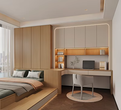 Tatami Bedroom Interior With Wooden Cabinets Desk Chair Books Plant And Natural Light 3d model