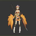 Game Movie Character With Pink Hair Yellow White Outfit Holding Long Staff And Maple Leaf Wings