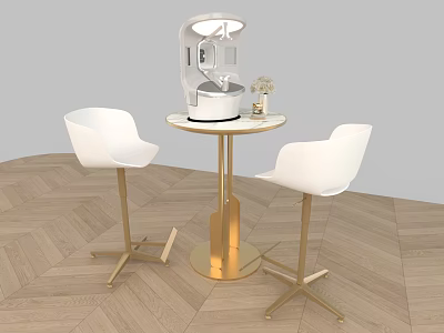 Modern Coffee Table With Round Tabletop Gold Base And White Chairs Decorative Items 3d model
