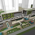 Modern Commercial Street with Stylish Shops Greenery Pedestrian Walkways and High Rise Buildings