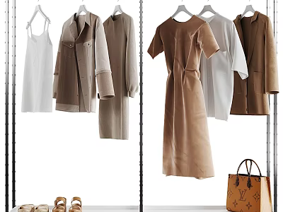 Modern Minimalist Clothes Hangers with Hanging Various Style Dresses Coats Shirts Handbag and Shoes 3d model