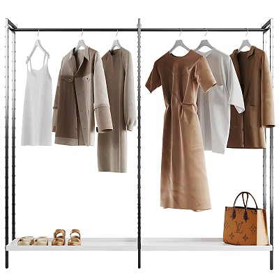Modern Minimalist Clothes Hangers with Hanging Various Style Dresses Coats Shirts Handbag and Shoes 3d model