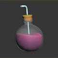 Refreshing Pink Beverage in Glass Bottle with Yellow Cap and Straw on Dark Surface