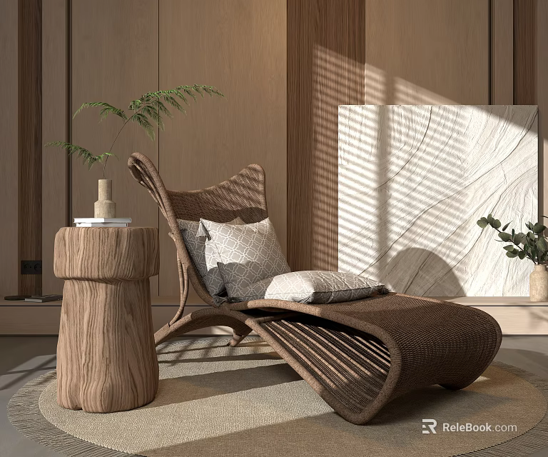 Modern Rattan Lounge Chair In Wooden Interior With Natural Light And Comfortable Soft Cushions 3d model 