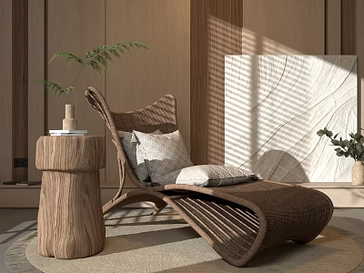 Modern Rattan Lounge Chair In Wooden Interior With Natural Light And Comfortable Soft Cushions 3d model