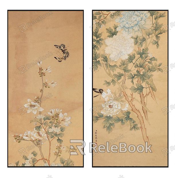 Chinese Plant Painting Elegant Zen Peony Pattern Hanging Painting Combination model