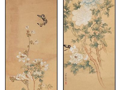 Chinese Plant Painting Elegant Zen Peony Pattern Hanging Painting Combination model