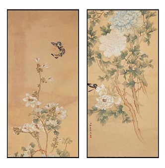 Chinese Plant Painting Elegant Zen Peony Pattern Hanging Painting Combination 3d model