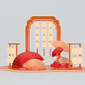 Traditional Chinese Decorative Display With Red Fans Orange Frame Lanterns And Cloud Patterns 3d model