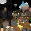 Modern Restaurant Interior With Wooden Tables Colorful Pendant Lights And Green Plants