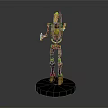Brown Lego Style Robot Figure With Yellow Headlight Holding Blaster on Black Base Mechanical Design