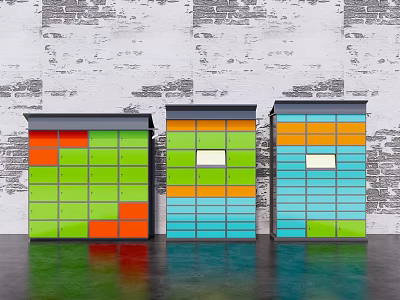 Colorful Public Storage Lockers With Multiple Units Brick Wall Background And Reflective Floor 3d model