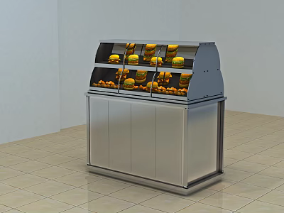 Stainless Steel Display Shelf with Glass Door Holding Yellow Orange Merchandise and Lower Cabinet Doors 3d model