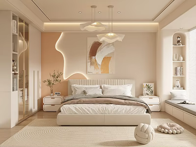 Modern Soft Toned Bedroom Interior With Bed Headboard Pendant Lights Artwork And Window Bench 3d model