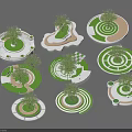 Creative Modern Tree Planters With Various Circular Designs Green Lawns And Paths 3d model