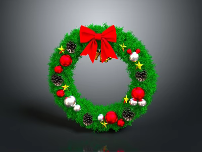 Green Christmas Wreath Plant Decorated With Red Bow Pine Cones And Ornaments 3d model