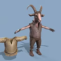 3D Horned Character Model Wearing Vest And Pants With Unfolded Garment