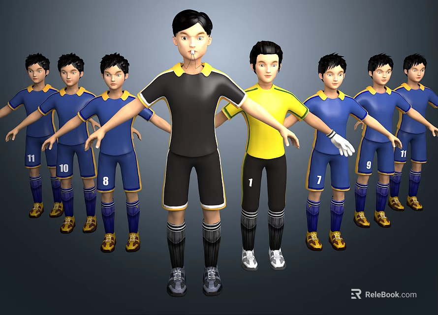 Group of Football Players Wearing Different Colored Jerseys Including Goalkeeper 3d model 