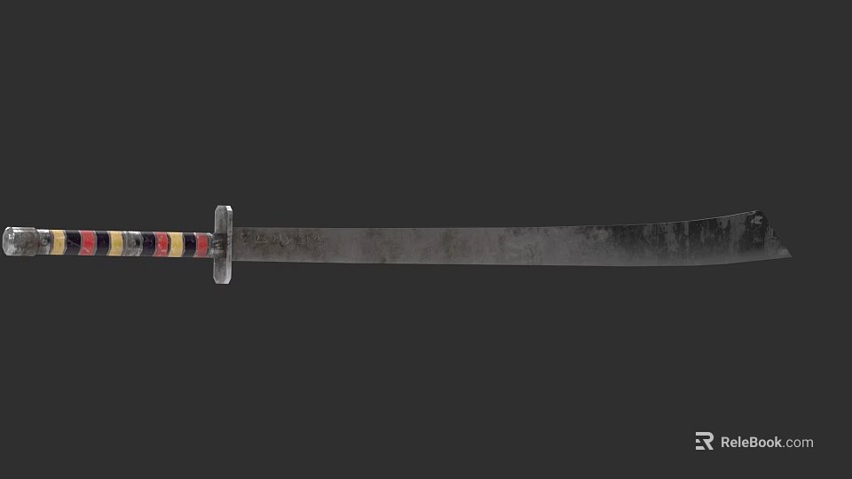Ancient Decorative Sword With Colorful Striped Hilt And Worn Steel Blade 3d model 