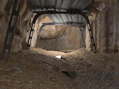 Reinforced Underground Tunnel Interior With Rock Walls And Steel Support Frames 3d model