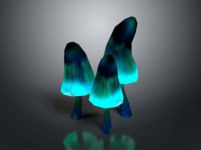 Three Glowing Teal Mushroom Plants With Stems On Gray Background And Reflections 3d model