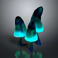 Three Glowing Teal Mushroom Plants With Stems On Gray Background And Reflections