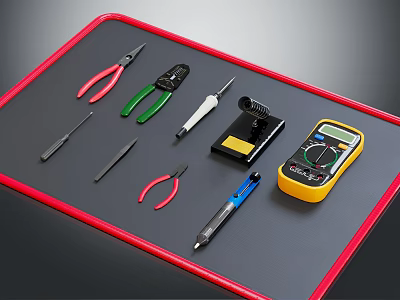 Essential Hardware Tools Collection Including Pliers Screwdrivers Multimeter Tweezers on Black Mat with Red Border 3d model