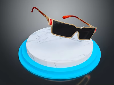 Stylish Gold Frame Sunglasses With Red Accents Black Lenses On White And Blue Marble Base 3d model