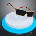 Stylish Gold Frame Sunglasses With Red Accents Black Lenses On White And Blue Marble Base