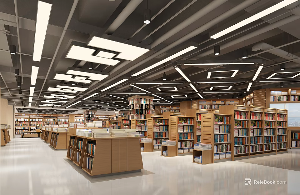 Modern Bookstore Interior Design With Bookshelves And Ceiling Light Fixtures 3d model 