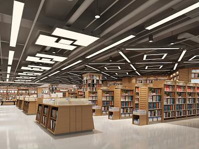 Modern Bookstore Interior Design With Bookshelves And Ceiling Light Fixtures 3d model