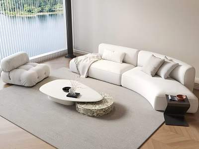 Sleek White Curved Sofa Coffee Table Set With Round Table Gray Rug And Lake View 3d model