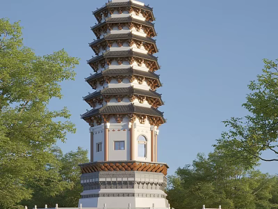 Traditional Chinese Pagoda Multi layered Architecture Surrounded by Lush Green Trees Under Clear Blue Sky 3d model