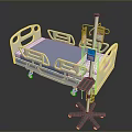 Hospital Bed With White Frame Blue Mattress Side Monitor And Wheels