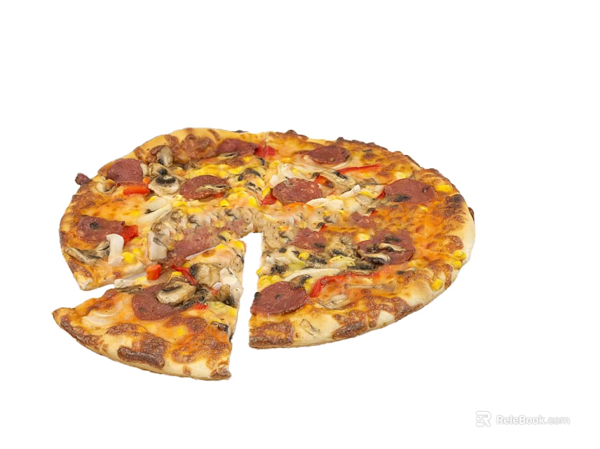 Fresh Delicious Pizza Topped with Pepperoni Mushrooms Bell Peppers Corn and Melted Cheese Partially Sliced 3d model 