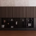 Modern Black Bookcase With Vertical Striped Panel And Layered Design For Books And Decorative Items