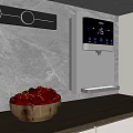 Modern Kitchen Water Dispenser with Marble Wall Wooden Countertop Cherry Bowl and Control Knobs