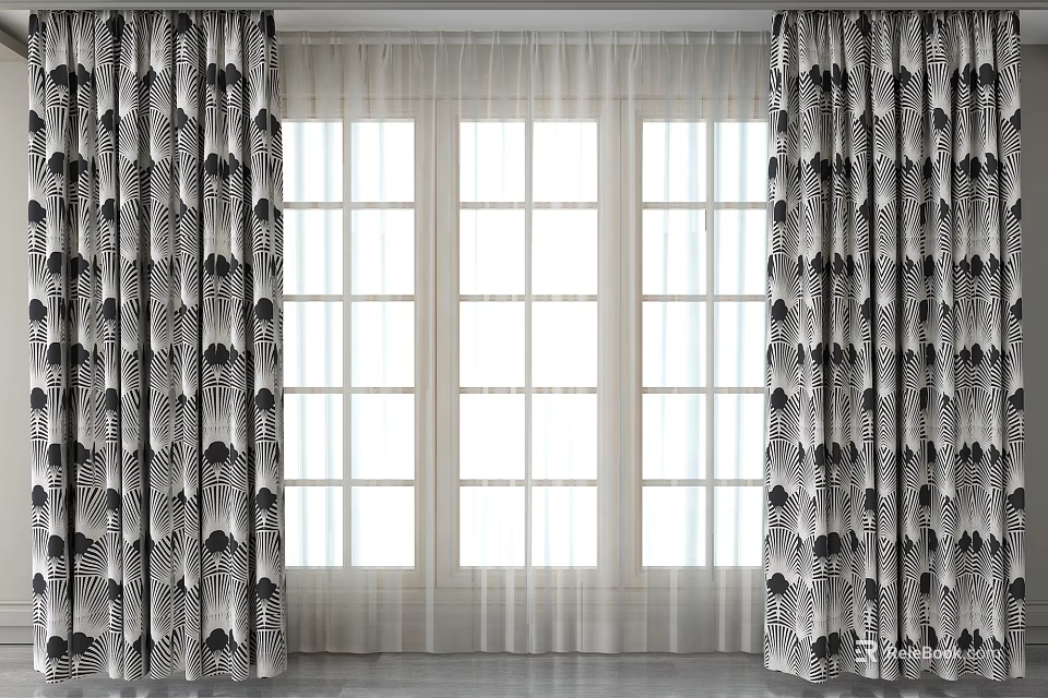 Black and White Patterned Curtains with Sheer Panels for Modern Window Decoration 3d model 