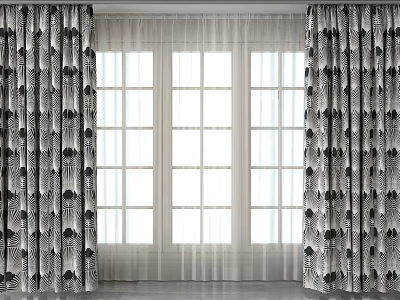 Black and White Patterned Curtains with Sheer Panels for Modern Window Decoration 3d model
