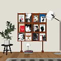 Wooden Display Shelf with Brand Magazines Books Potted Plant and Floor Lamp in Living Room