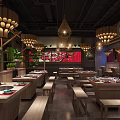 Spacious Hotpot Restaurant Interior With Wooden Tables Wicker Pendant Lights And Green Plants