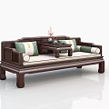 Traditional Chinese Arhat Bed With Wooden Frame Green Beige Cushions And Small Tea Table Decorations