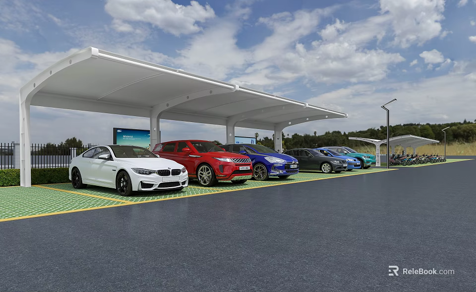 Electric Vehicle Charging Station With White Canopy And Multiple Colored Cars On Green Ground 3d model 