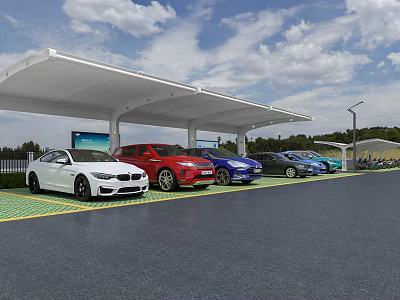 Electric Vehicle Charging Station With White Canopy And Multiple Colored Cars On Green Ground 3d model