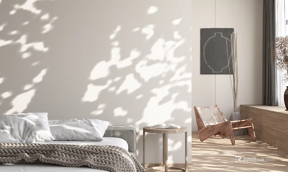 Double Bed With Light Colored Sheets Knitted Blanket Sunlight Shadows Wooden Chair And Side Table 3d model 