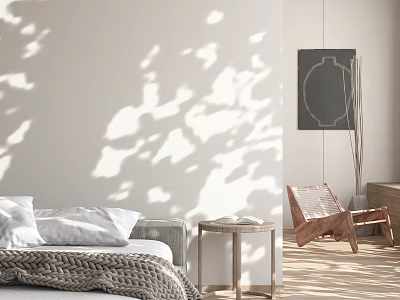 Double Bed With Light Colored Sheets Knitted Blanket Sunlight Shadows Wooden Chair And Side Table 3d model