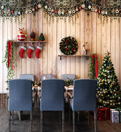 Christmas Dining Table Set With Blue Chairs Wooden Wall Wreath And Stockings 3d model