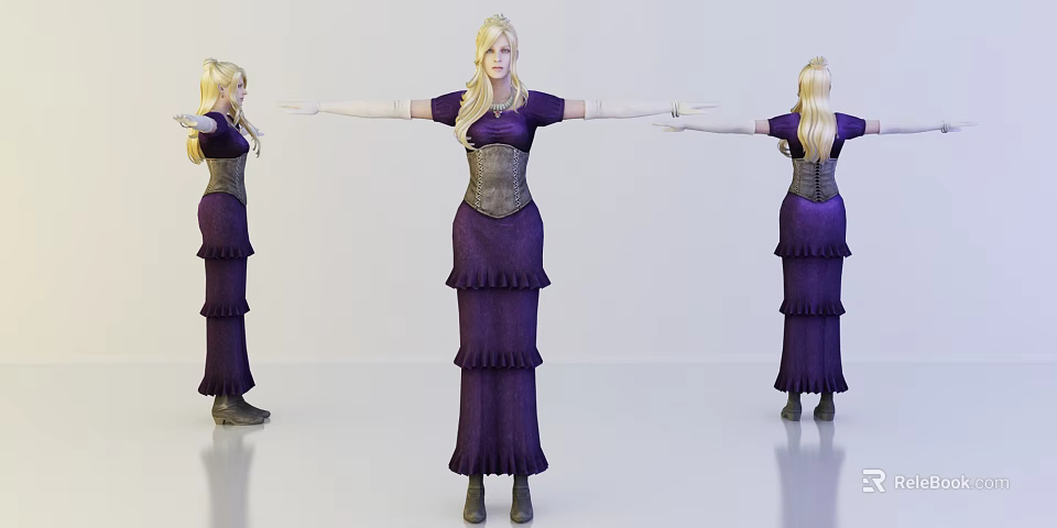 Game and Movie Character With Purple Ruffled Dress Leather Corset And Blonde Long Hair 3d model 