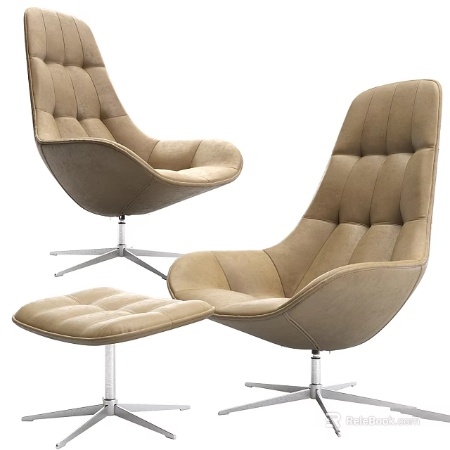 Beige Tufted Upholstered Lounge Chair With Matching Ottoman And Metal Swivel Base 3d model 