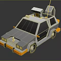 Low Poly Style Gray And Orange Car With Roof Antenna Small House And Yellow Headlights